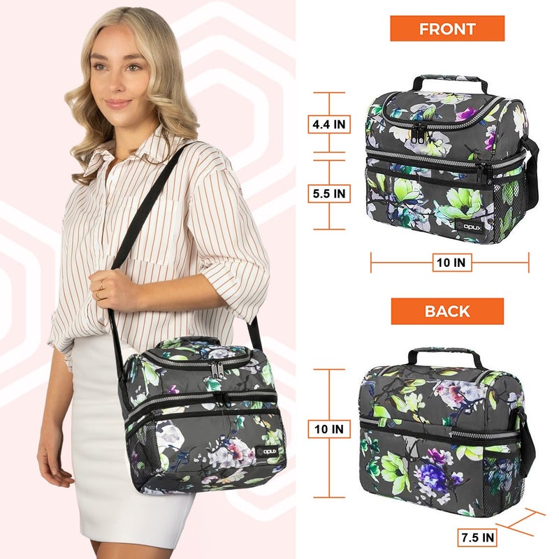 OPUX صندوق غداء OPUX للنساء، حقيبة غداء كبيرة معزولة للبالغين، صندوق غداء بطابقين لتحضير الوجبات، صندوق غداء مزدوج القسم مقاوم للتسرب، حقيبة غداء للفتيات والأطفال في المدرسة، رمادي مزهّر 16 علبة - Image 3